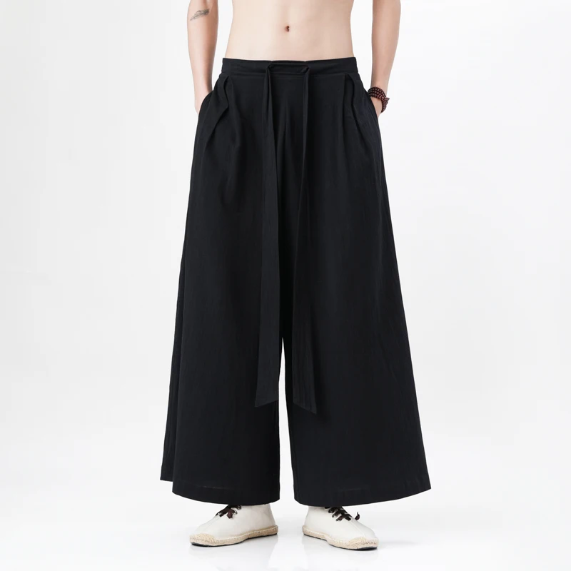 Cotton hemp wide-leg pants flared pants men's Hanfu Chinese traditional clothing Japan super casual loose high quality - Image 4
