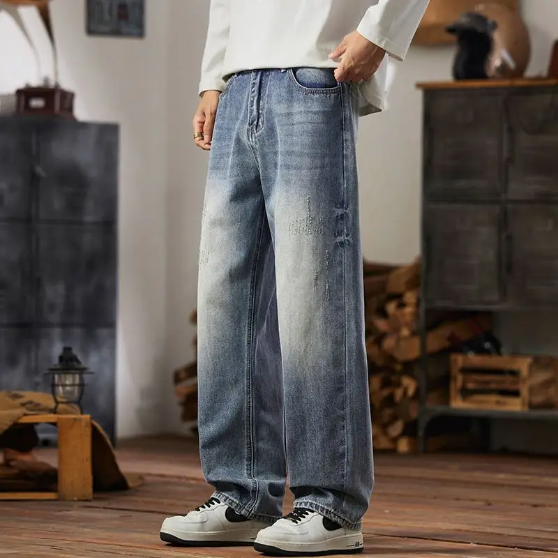 Men's Straight Leg Loose Jeans Floor Pants American High Street Wide Leg Pants Daily Casual Wear-resistant Pants