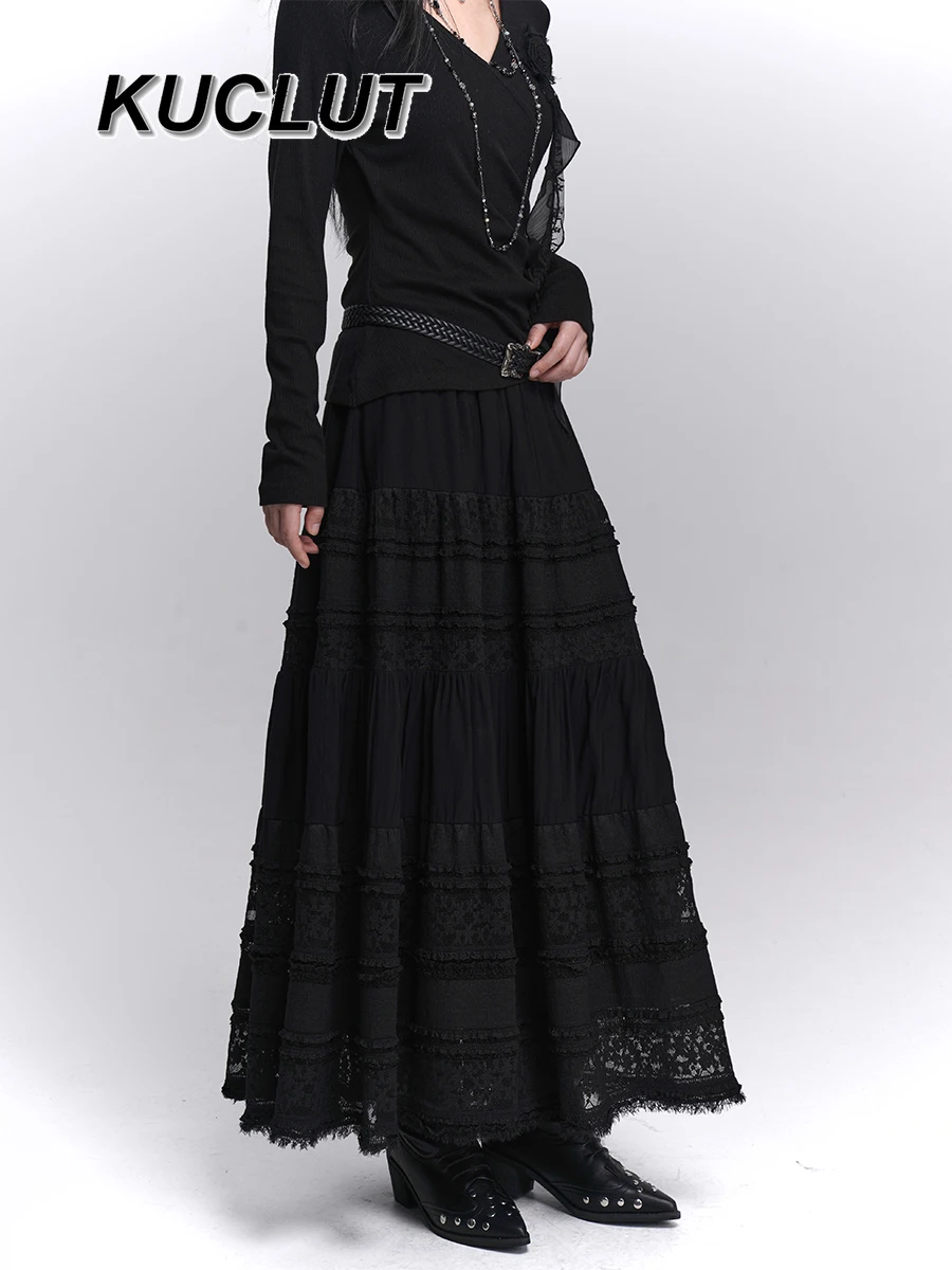 

Девушка весна осень Y2k в стиле панк красивая однотонная черная кружевная полуповседневная юбка трапециевидной формы длинные юбки для женщин лето
