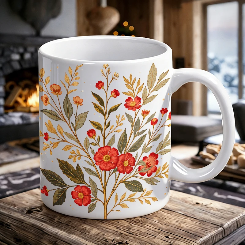 

Cottagecore Red Flower Botanical Print Mug, Vintage Floral Ceramic Coffee Cup, Milk Cup, Office Tea Cup, Gift for Friends