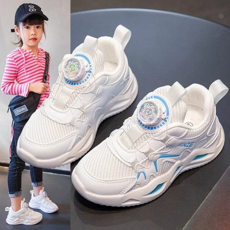 Girls' Sports Shoes Spring and Autumn Children's Fashion White Shoes Medium and Large Children's Rotating Button Soft Bottom Boy