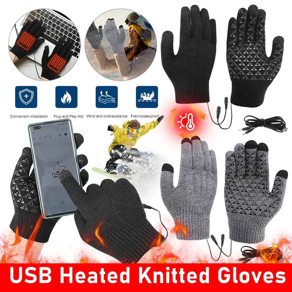 USB Heated Knitted Gloves Full Finger Gloves Non-Slip Thermal Knitting Mitts Thicken Winter Cycling Gloves for Men Women