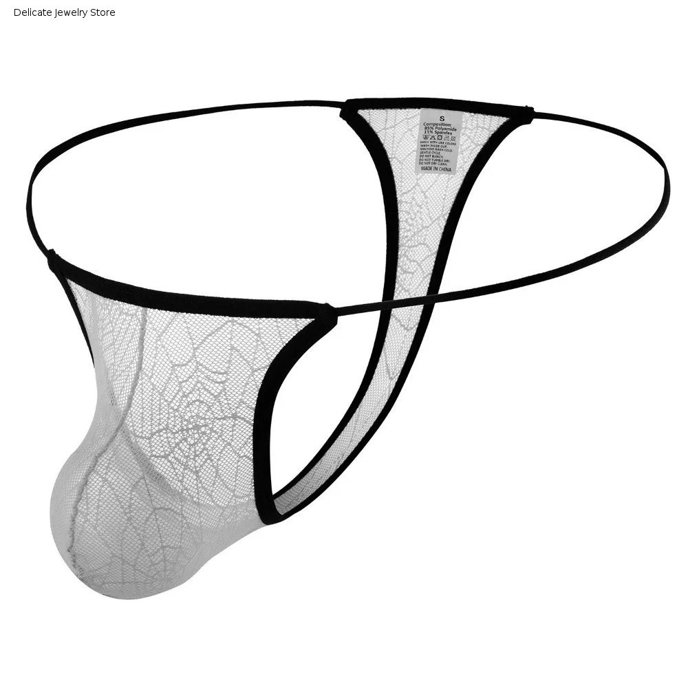 Lingerie Low Waist Men's Thongs Transparent U Convex Pouch Lace Triangle Panties Halloween Net Mesh Underwear Daily Wear