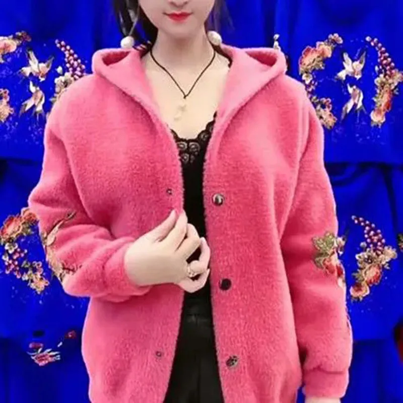 2023 New Fashion Mother Autumn Winter Jacket Hooded Imitation Mink Velvet Sweater Coat Thick Loose Embroidered Knitted Cardigan