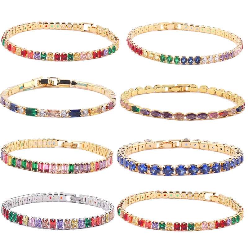 2022 New Rainbow Crystal Tennis Bracelets For Women Bracelet Set 18K Gold Silver Colorful Zirconia Femme Bridal Wedding Jewelry