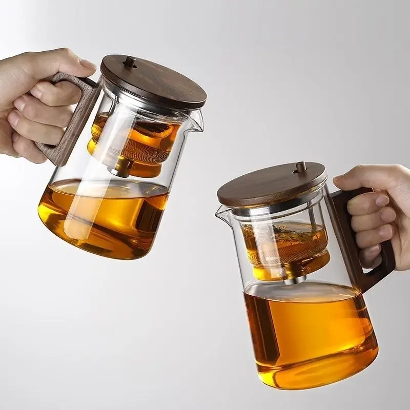 One Click Magnetic Switch Tea Separation Filtration Glass Tea Pot Wood Handle Tea Water Separation Inner Container Teapot