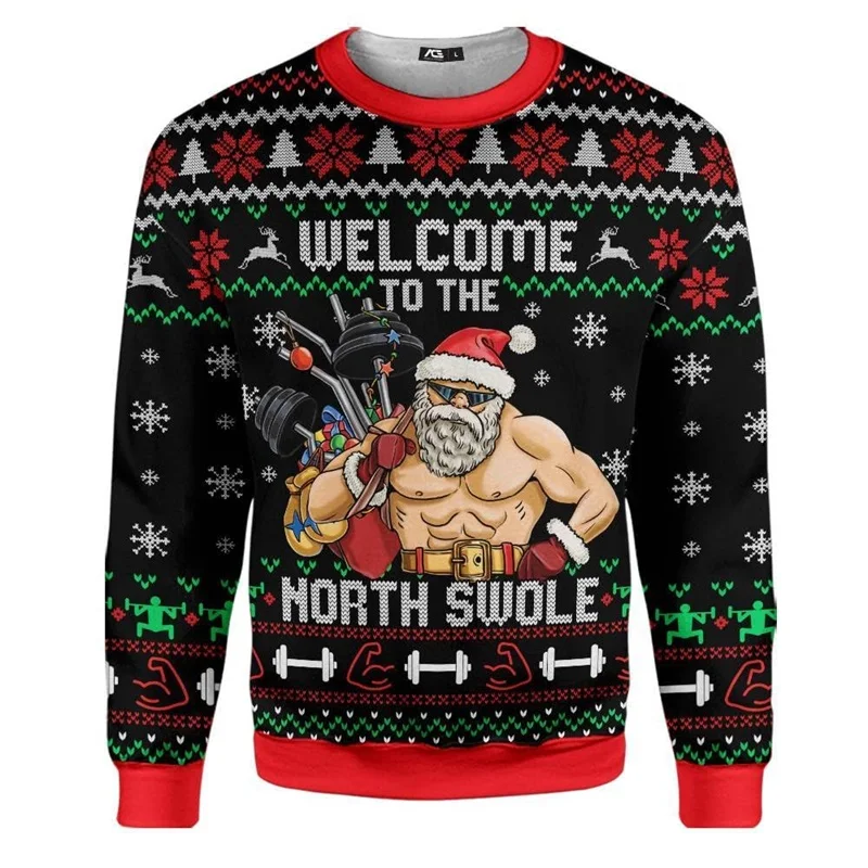 مضحك سانتا كلوز اللعب الهوكي الجرافيك بلوزات الرجال عيد ميلاد سعيد طاقم الرقبة البلوز سترة جديدة عيد الميلاد رياضية