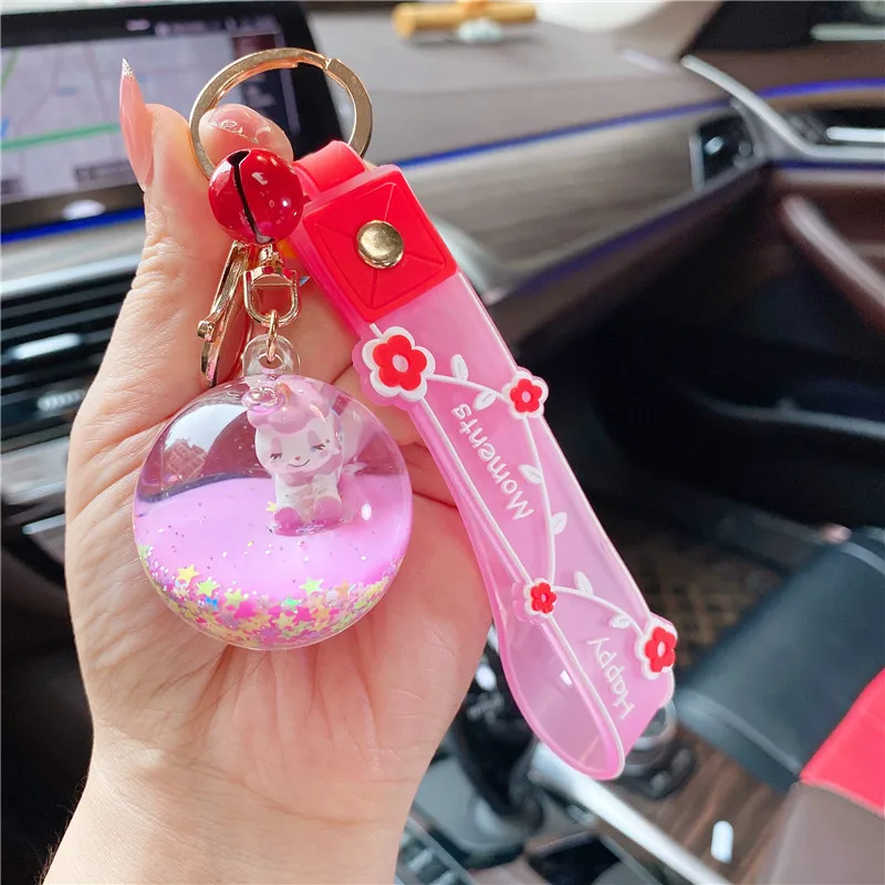 3pcs Cartoon Liquid Unicorn Crystal Ball Floating Bottle Keychain Girl Cute Pony Moving Star Sequin Quicksand Ball Bag Key Chain