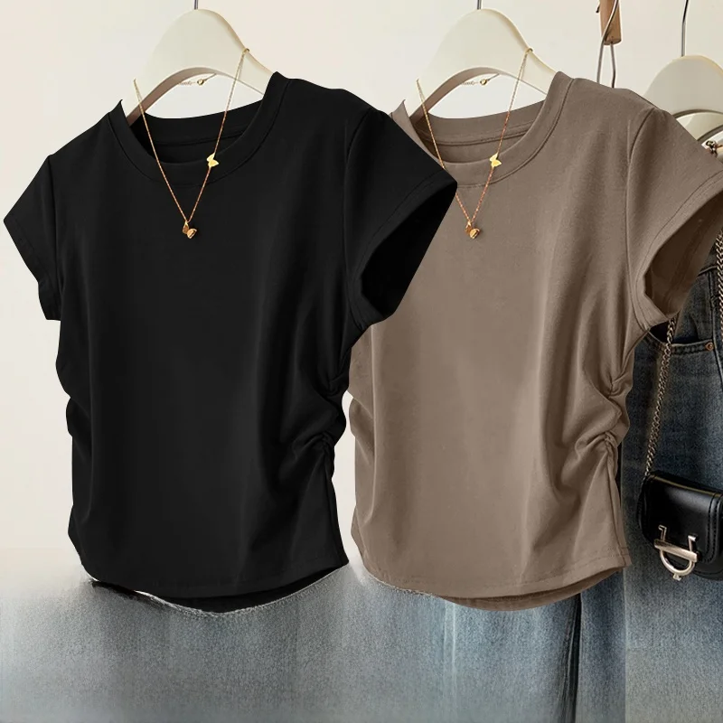 

Slimming Effect ort Sve T-irt Women's 2025 New Summer Design Teaded Waist Control Simple Beau Versatile Top