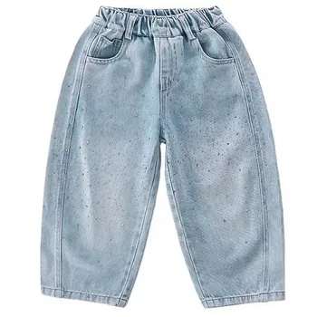 2026 Spring Autumn Kids Girl Jeans  Trendy Loose Casual Kids Denim Pants with Embellishments Children Girls Shiny Trousers 5