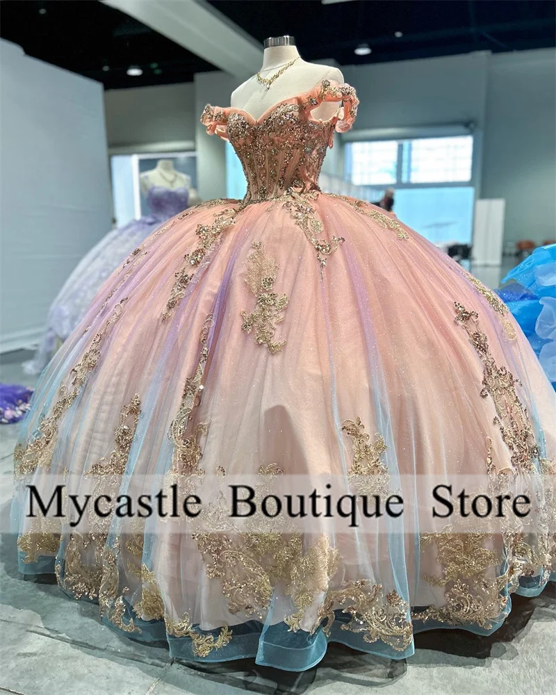 Pink Lace Appliques Quinceanera Dresses 2023 Beaded Crystal Ball Gowns Sweet 16 Dress Graduation Dress Vestidos XV Años