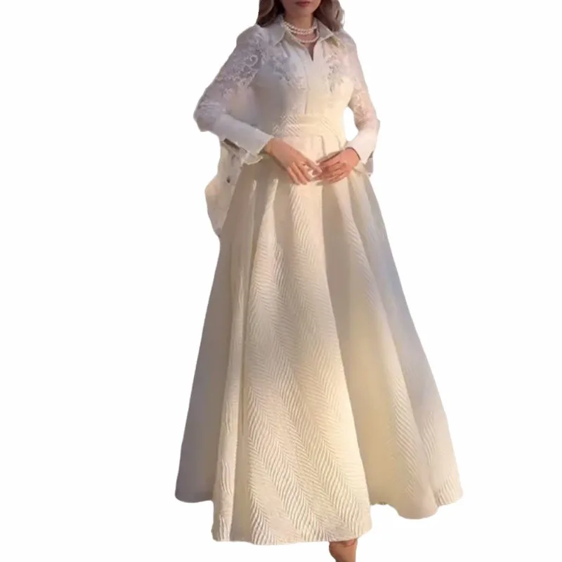 Ele dentelle blanche Svel longue Dr 2024 nouveau Sle transfrontalier Faion coupe ajustée Vintage perle fleur avant poitrine Dr