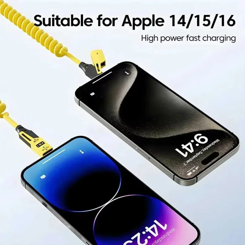 شاحن سريع 65 وات 1.5 متر 4 في 1 كابل بيانات قصير زنبركي USB نوع C زنبركي تلسكوبي شاحن سريع سلك كابل USB زنبركي لهاتف آيفون