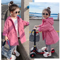 Spring Autumn Girls Coat Long Style Adjustable Waist Design Hooded Sweatshirt For Kdis Children Outdoor Windbreaker Outerwear