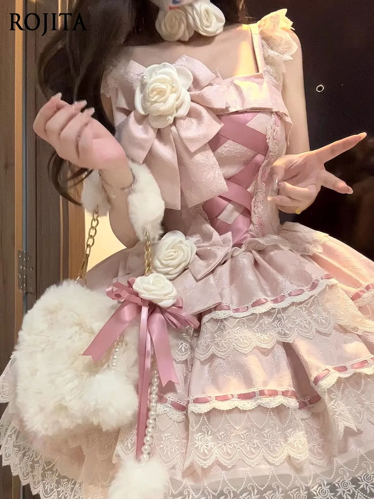 

Japanese Lolita Short Dress Sweet Cute Raspberry Cake Dress Full Set Including Dress Hair Accessory Hanamaru Choker Waist Bow