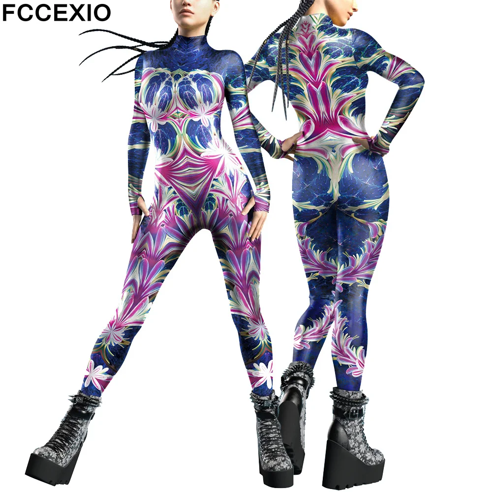 FCCEXIO Flower 3D Print Catsuit Woman Front Zipper Jumpsuit Zentai Bodysuit Game Party Costume Female Cosplay Outfit Monos Mujer