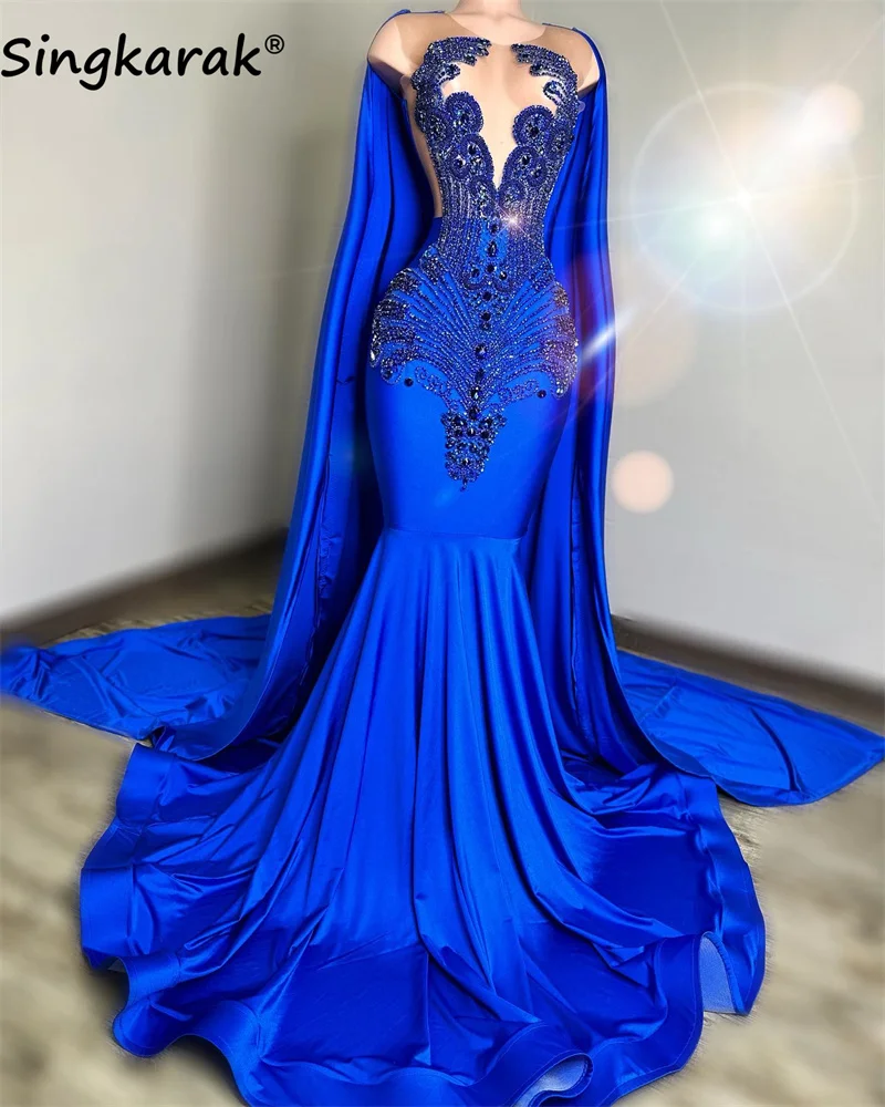 New 2024 Royal Blue Diamonds Mermaid Prom Dress  With Cape Glitter Bead Crystal Rhinestones Gown For Black Girls Party Dress