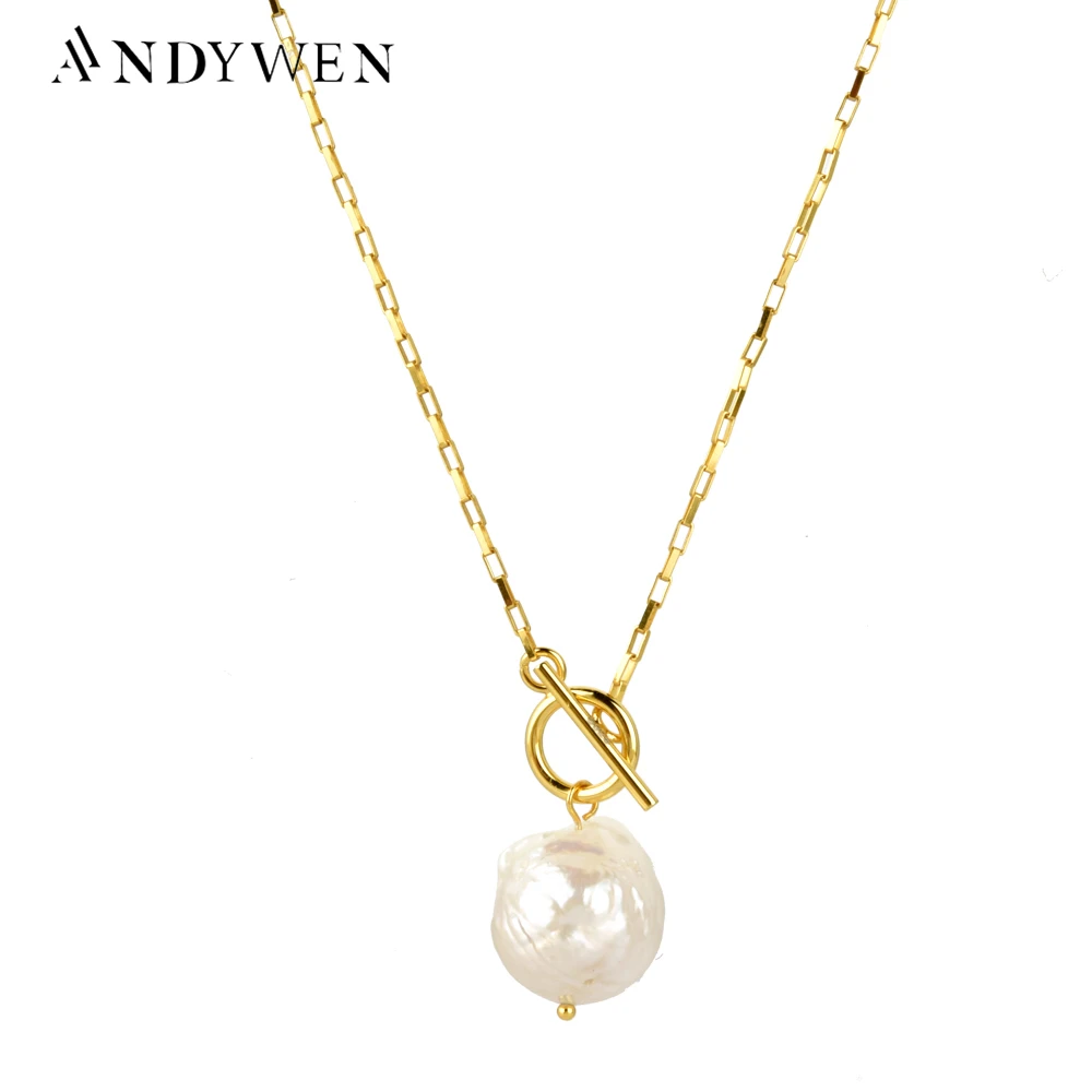 ANDYWEN 925 Sterling Silver Gold Long Chain Pearl Pendant Necklace Horoscope Jewelry 2020 Fashion Rock Punk Jewelry For Women