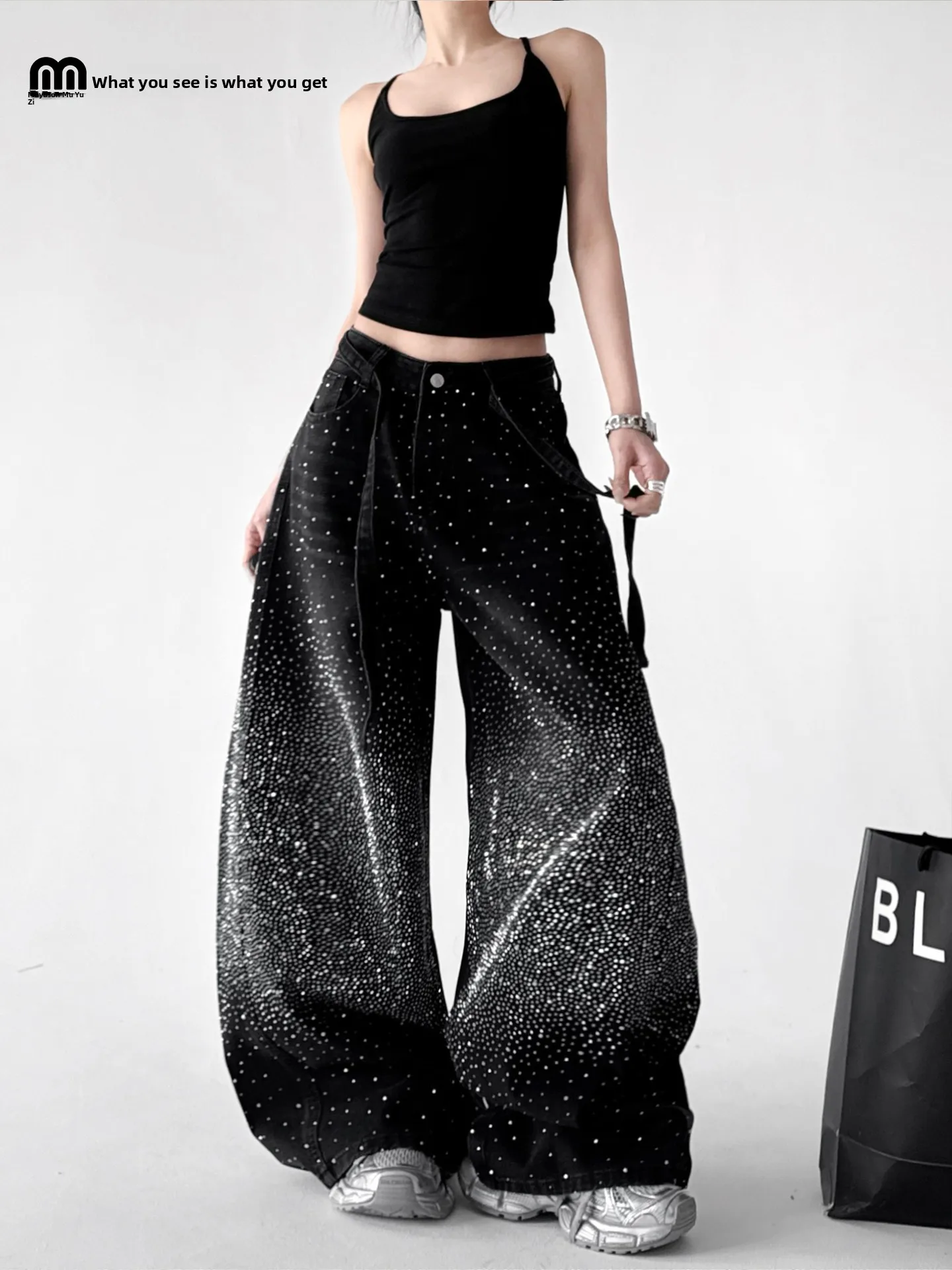 

Женские джинсы с высокой талией и широкими штанинами, украшенные стразами, свободные, стройнящие, прямого кроя, драпированные, весенняя новинка