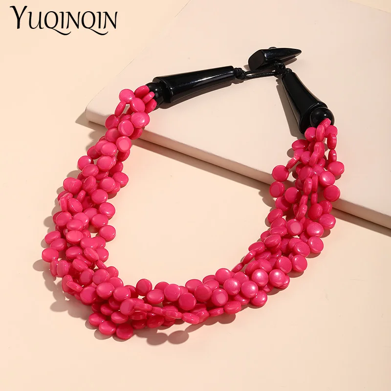 Trendy Colorful Resin Beads Short Necklaces for Women Summer Bohemian Layered Big Pendant Necklaces Vintage Hot Fashion Jewelry