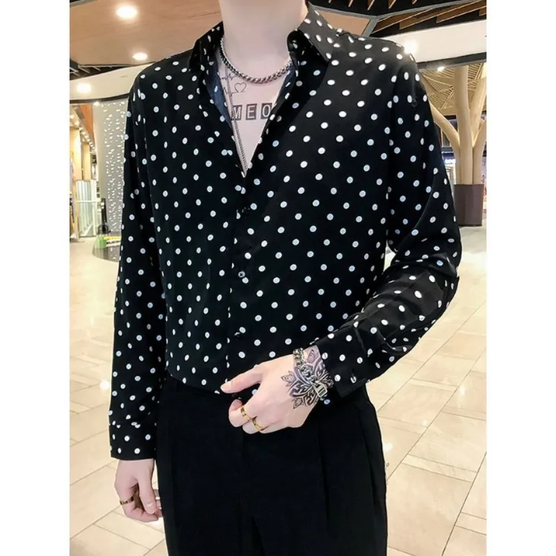 Korean Business Casual Summer Men\'s 2024 Spliced Square Collar Button Polka Dot Slim Fit Fashion Comfortable Long Sleeved Shirts