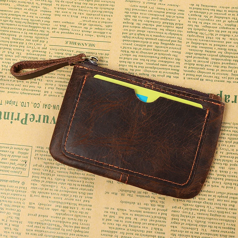 Vintage Genuine Leather Mini Men's Women's Coin Wallet Retro Casual First Layer Leather Credit Card Bag Coin Purse Zipper