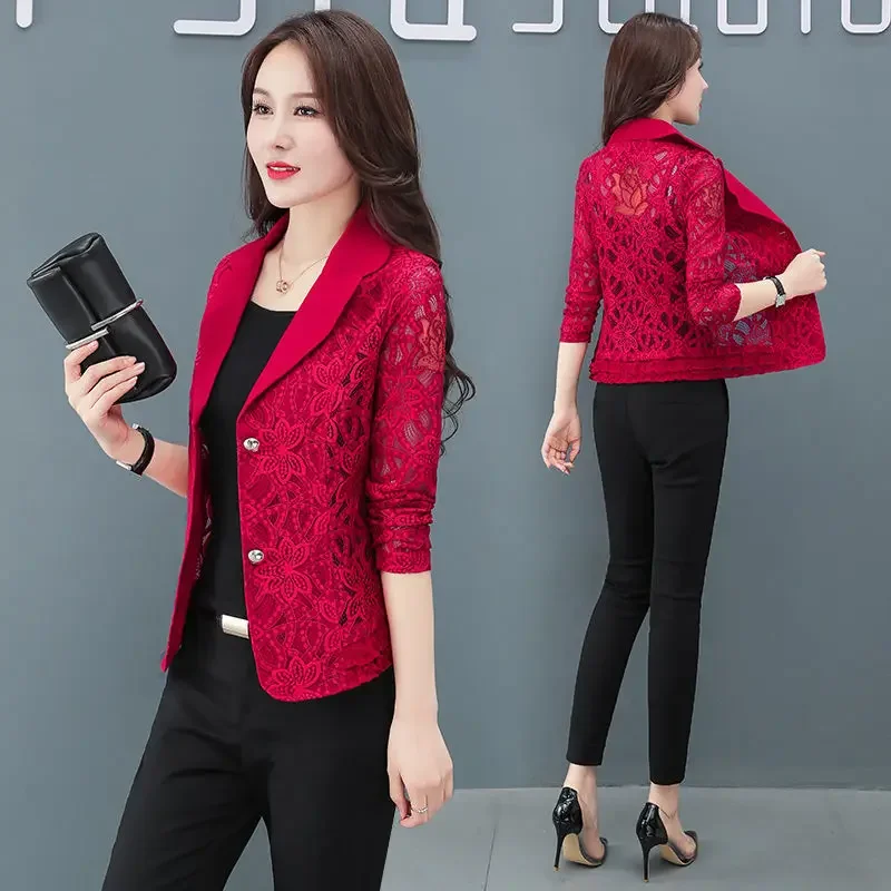 Spring Summer Women Fashion White Short Slim Blazer Hollow Lace Long Sleeve Casual Jacket Office Ladies Work Wear M-5XL E135