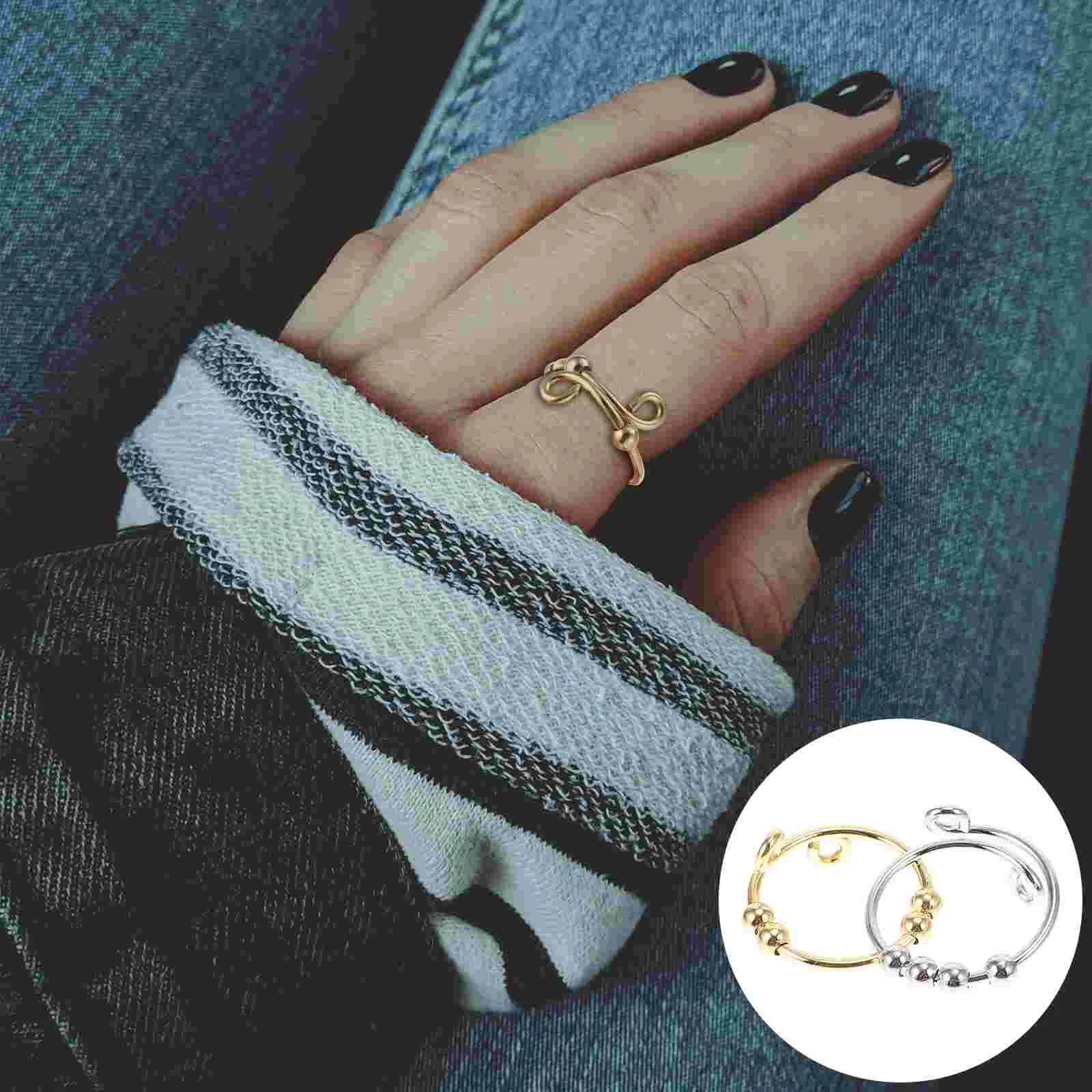 2 Pcs Rotating Bead Ring Adjustable Gold Women Jewelry Decor Rings Depression Reduce Chic Finger Stylish Fashion