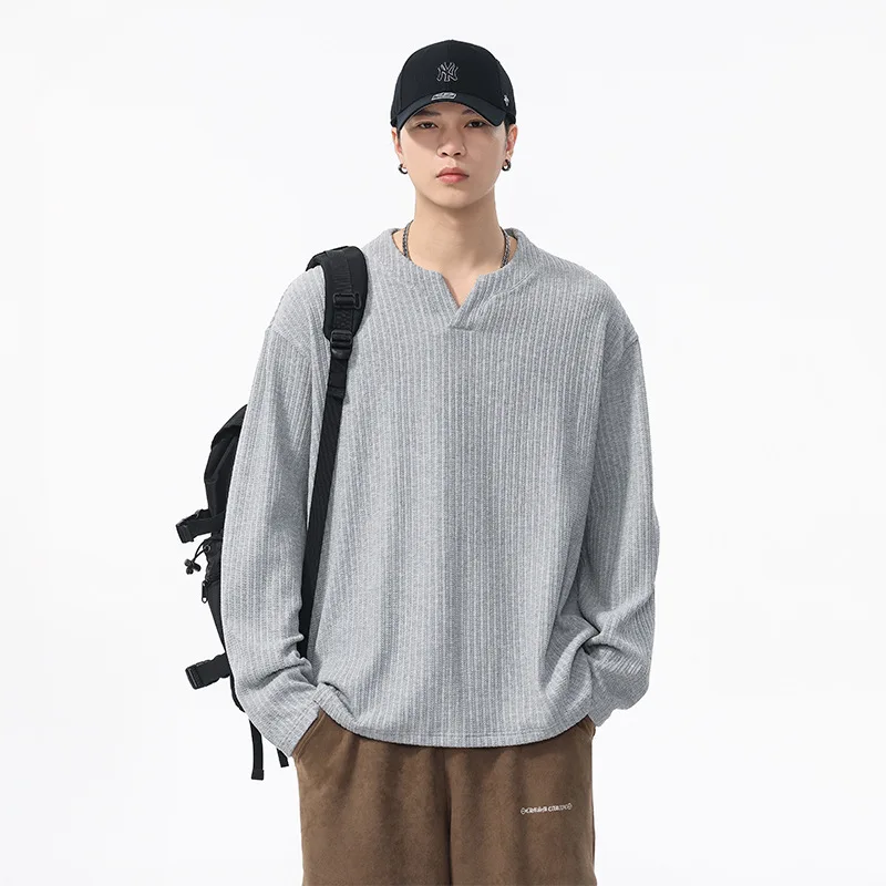 330g Jacquard Knitted Vintage Style V-neck Long-sleeved T-shirt for Men Spring Autumn Heavyweight Casual Base Shirt Men's Wear