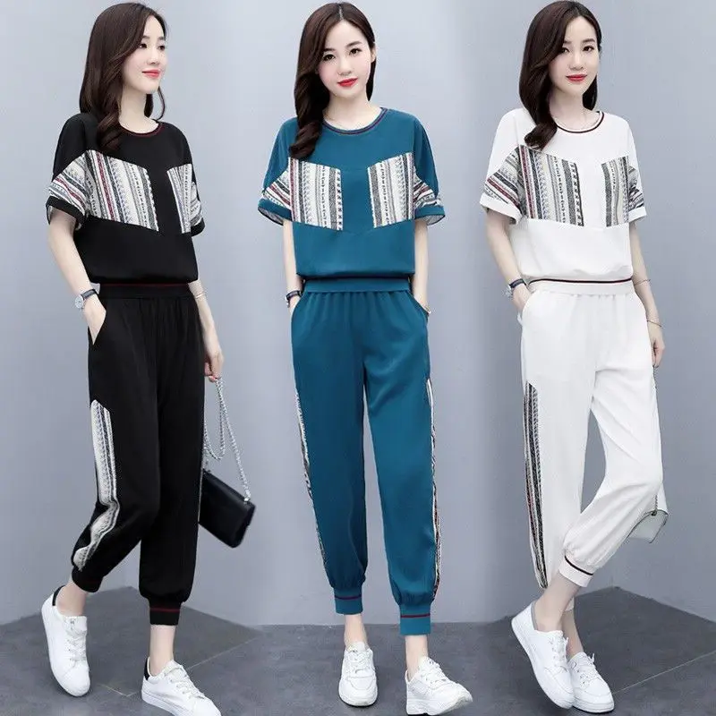 Women\'s Tracksuit Spring Summer New Casual Fashion Korean Clothes Short Sleeve Tops And Pants Two Peice Set For Women Sweat Suit