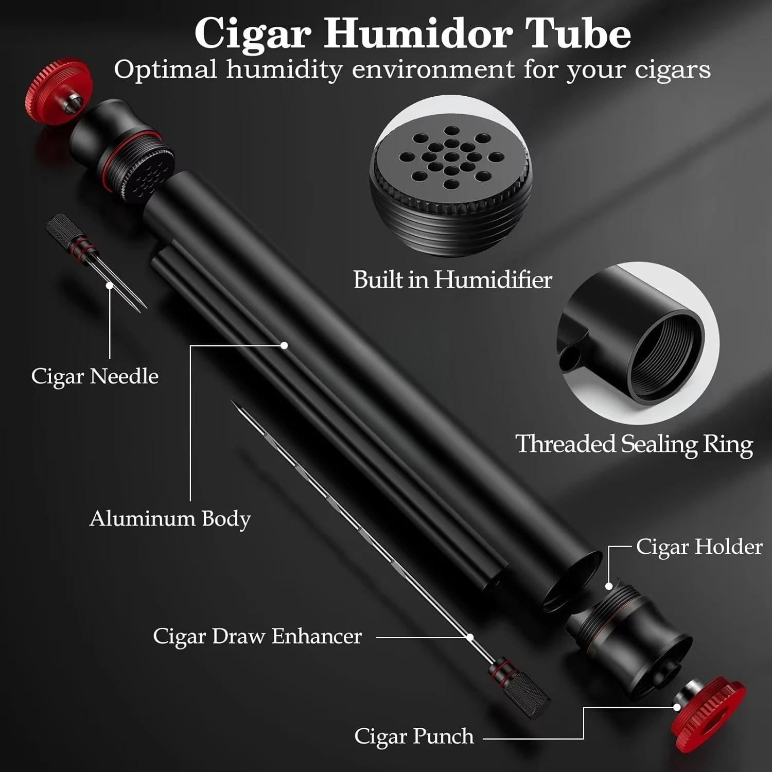 Travel Cigar Tube, Portable Aluminum Storage Tube Built in Humidifier, with Dual  Punch Needle CigHolder