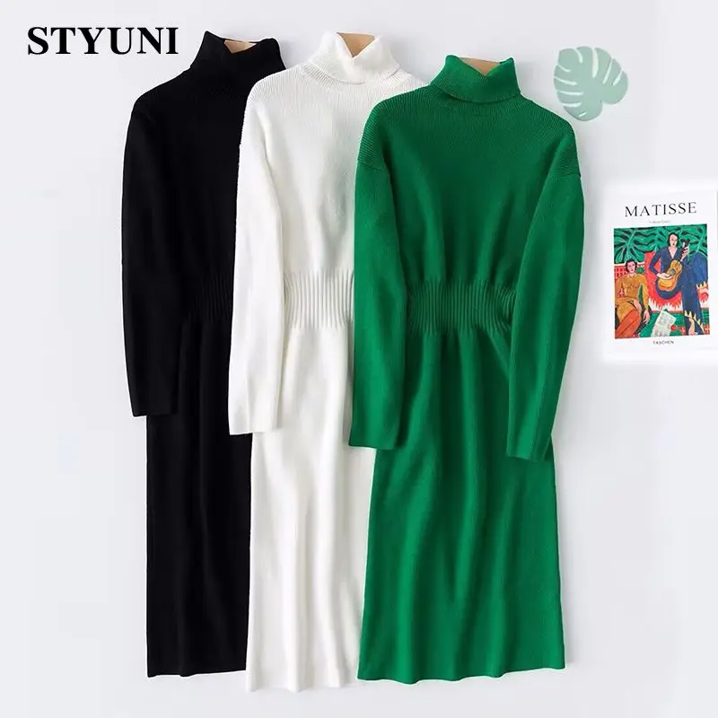 Knitted Casual Solid Elastic Waist Turtleneck Long Sleeve Women's Dress Korean Fashion Pullover Mid-Calf Dresses For Women 2023