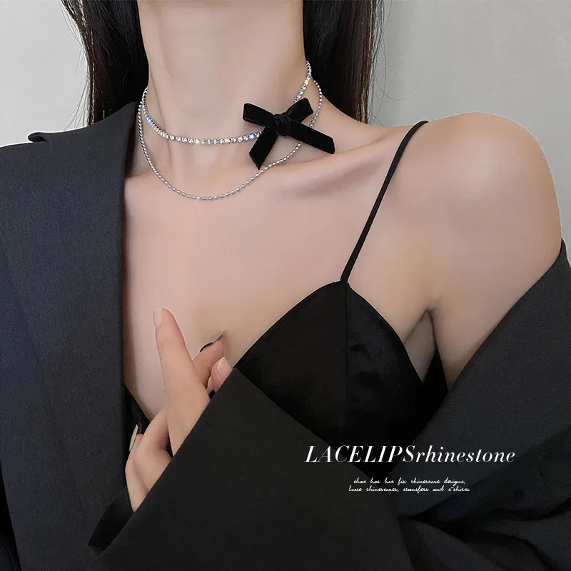 Lsysss Diamond-Encrusted Velvet Bow Necklace Double-Layer Super Shiny Elegant C…