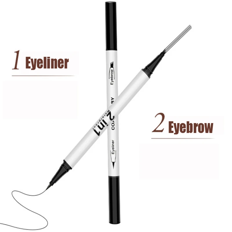 Pro 2IN1 Dual Ended Waterproof 4 Fork Tip Eyebrow Eyeliner Pen Long Lasting Natural Brown Liquid Eye Brow Black Eye Liner Pencil