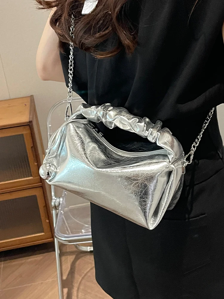 

Silver Handbag and Purses Totes Shoulder Crossbody Bag for Women Clutches 2024 New Trendy Designer Ladies Messenger Bags