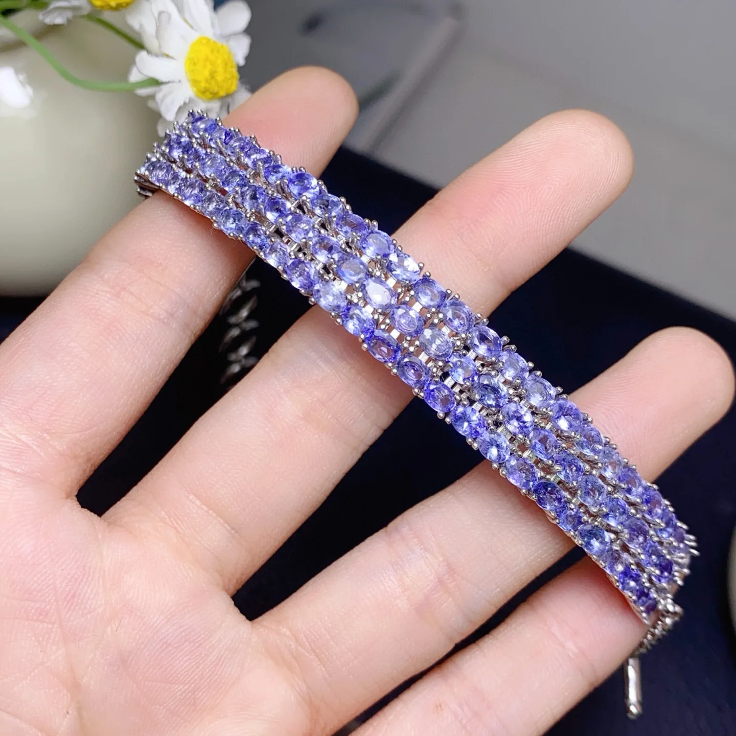 Natural Vivid‑Purple Tanzanite Bracelet,S925 Fine Silver Inlay 3*4mm Main Stone,Luxury Pave‑Set Gem Bracelet for Women