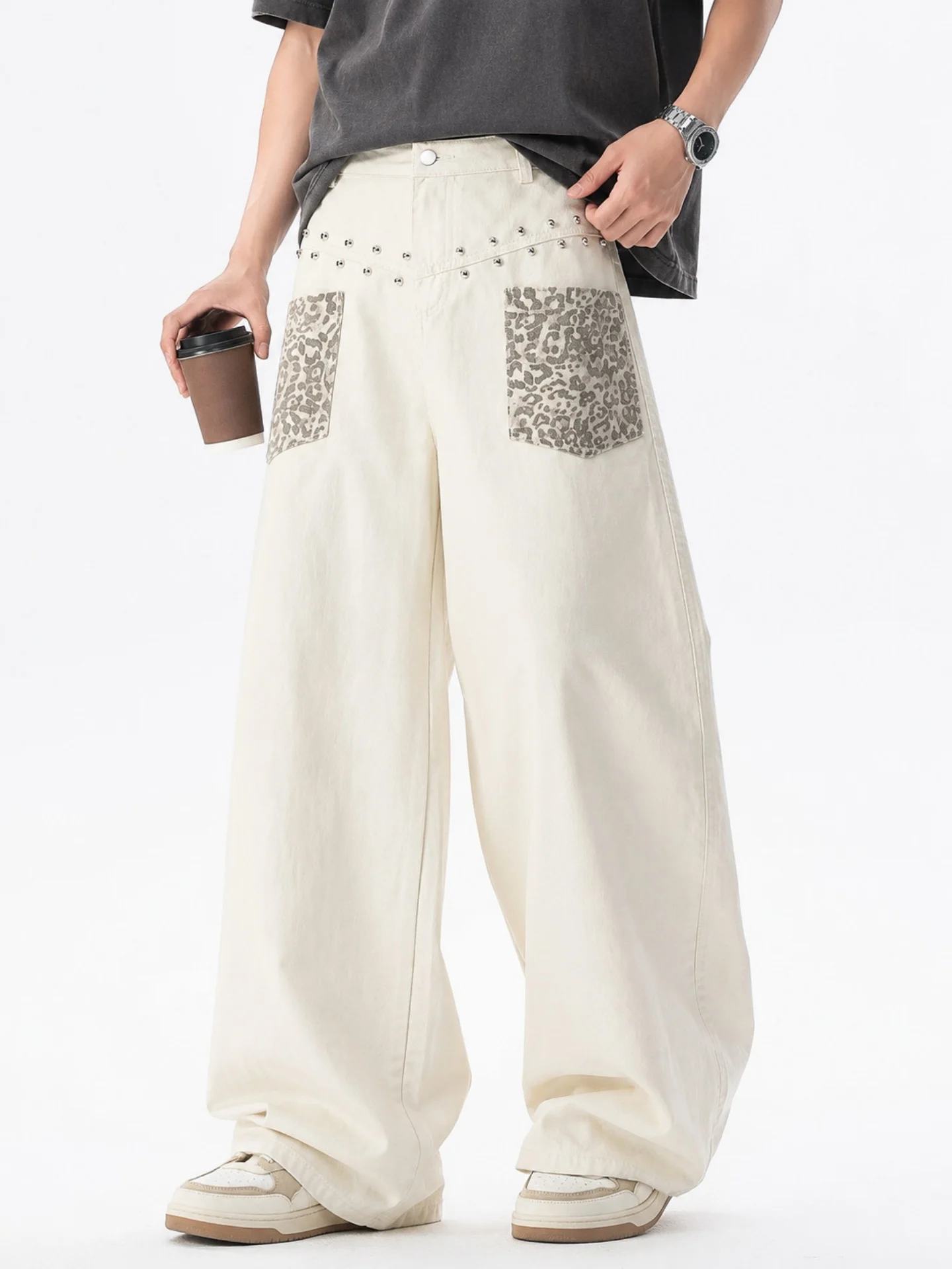 American Washed Leopard Print Patchwork Wide Leg Men's Jeans High Street Loose Drape Retro Rivet Design Knife  Pants