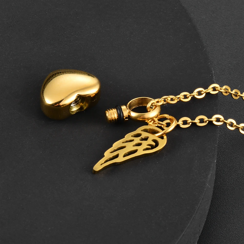 Edelstahl-Halskette mit kleinem Herz- und Engelsflügel-Anhänger für Asche als Gedenkschmuck – Detail 4