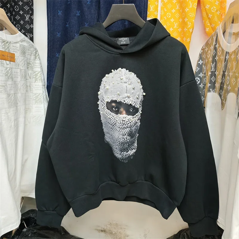 Black IH NOM UH NIT Pearl Mask Loose Casual Men's Hoodie sweatshirt