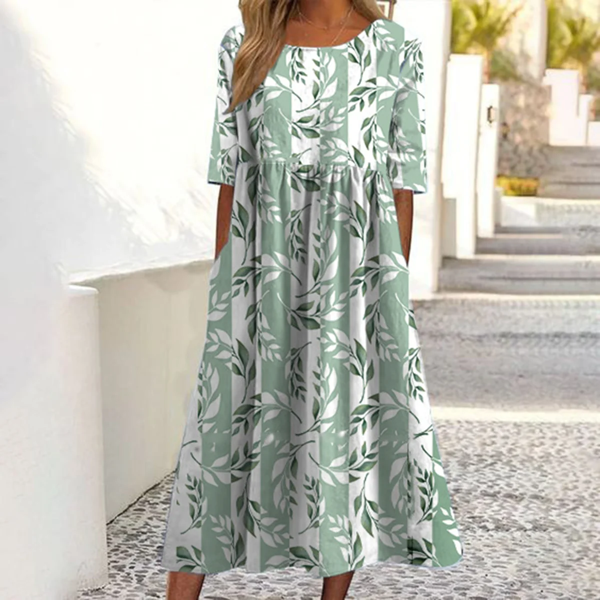 2026 Sommer Damen Freizeitkleid mit Rundhalsausschnitt, gepolstert, kurzärmelig, bedruckt – Detail 12
