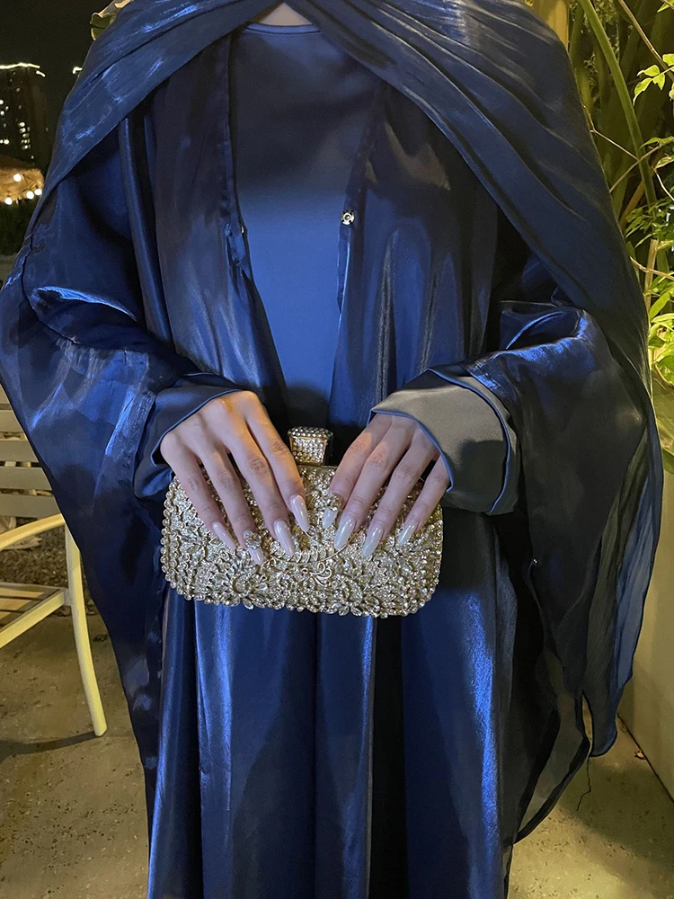 

New Spring Muslim Women's Two Piece Set Elegant Temperament Solid Color Robe Outfit Suspender Dress and Shawl Ladies Casual Suit