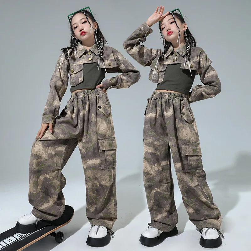 

Детская одежда в стиле хип-хоп Kpop, камуфляжные укороченные топы, жилет на бретелях, широкие брюки-карго, костюм для джазовых танцев для девочек, детская уличная одежда