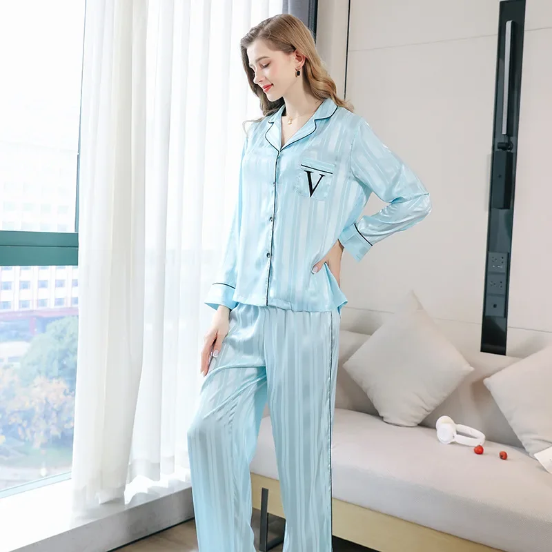 Same pink striped jacquard striped pajamas for women Пижама Long sleeved pants set for home wear  sleepwear  sexy sleepwear