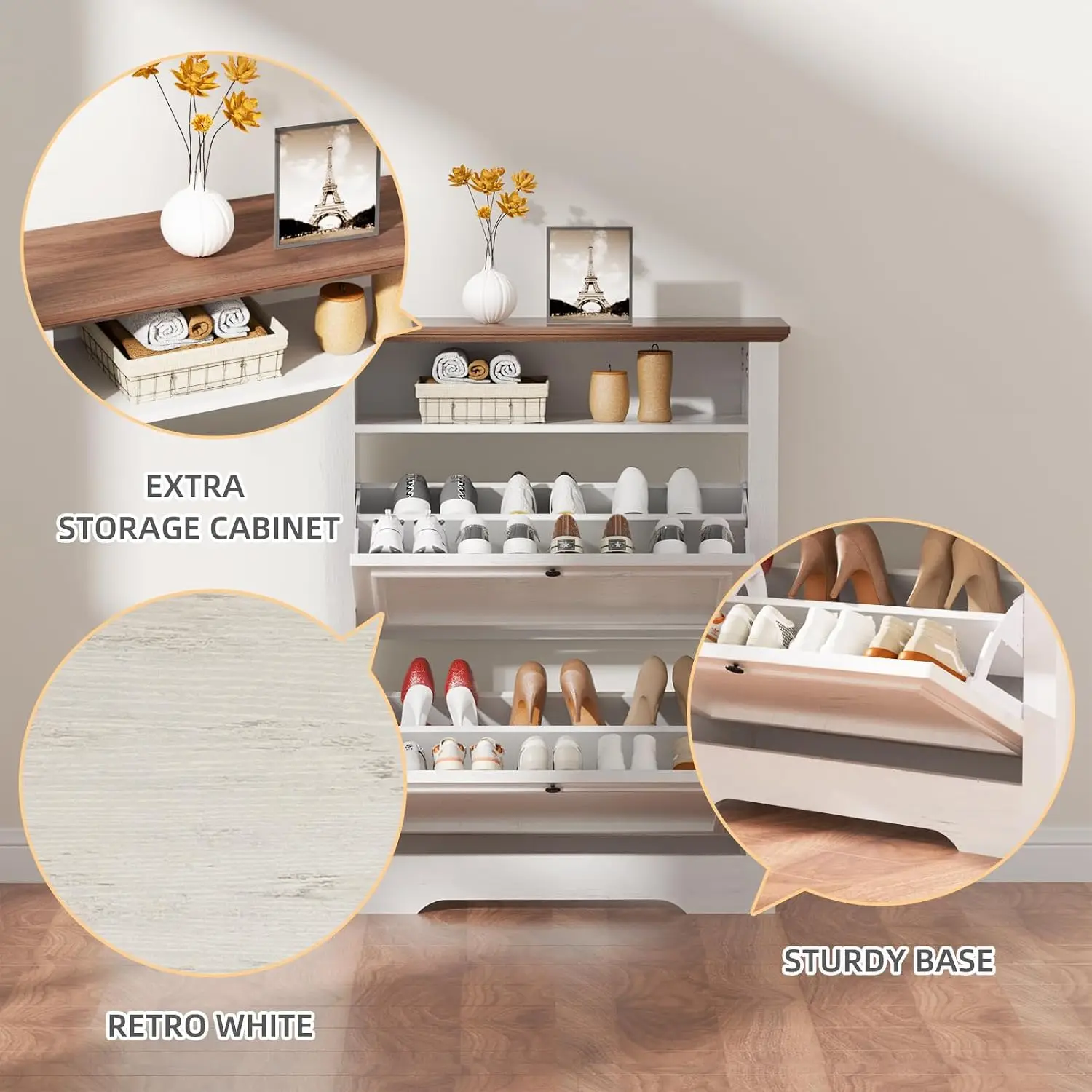 39 Inch Hidden Shoe Organizer Storage Cabinet with 2 Flip Drawers and Adjustable Shelves, Farmhouse‑Style Entryway Shoe Cabinet for Home Foyer, White Walnut