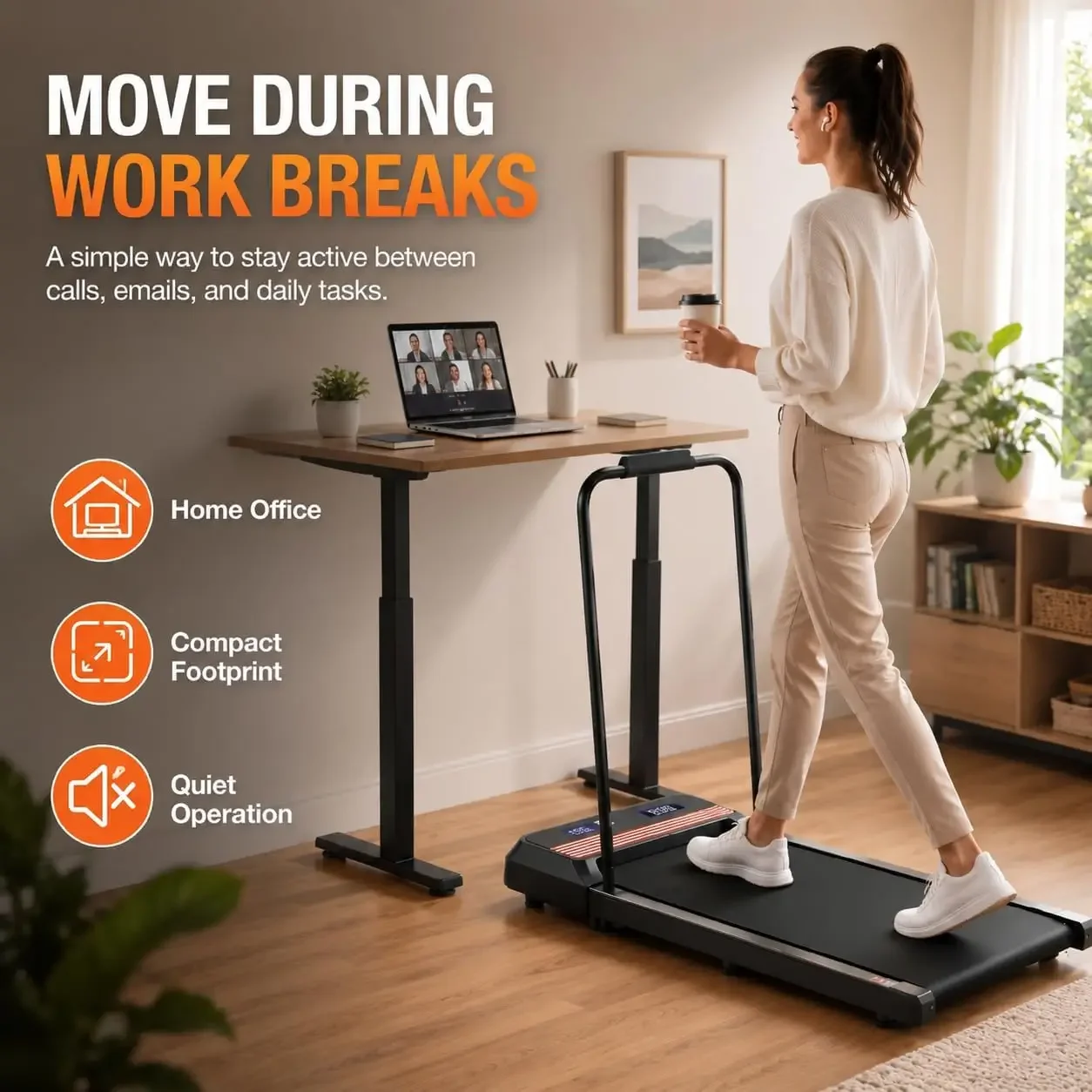 Walking Pad Treadmill with Handle Bar, 8% Incline Under Desk Treadmill | 2.5HP quiet motor, 265 lb capacity, 0.6-4 MPH speed, 15