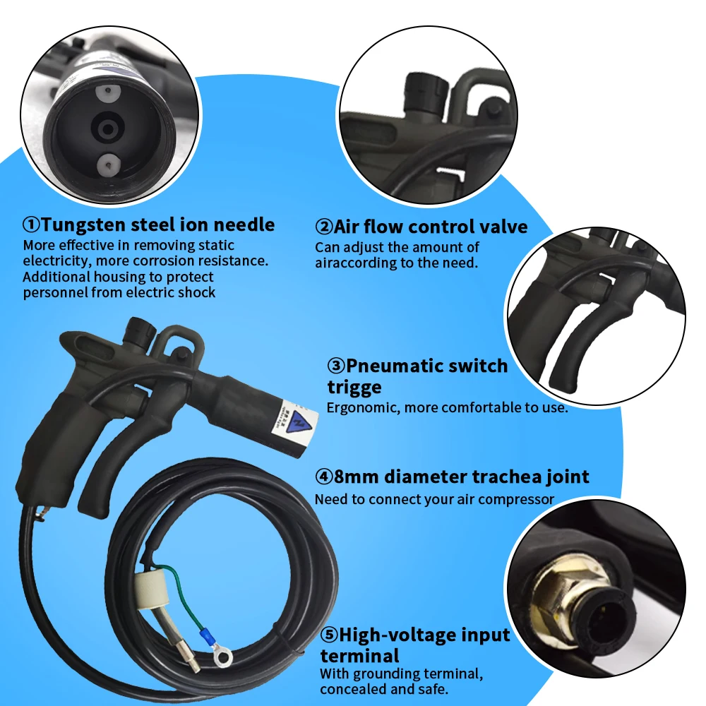 Ion Air Gun Anti-Static Industrial Dust Removal Air Gun Double-Needle High Voltage Ion Generator 110V/220V