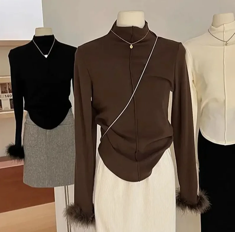 قميص نسائي بأكمام طويلة وياقة عالية مبطن بالصوف، ملابس داخلية، قميص علوي نحيف، موضة الخريف والشتاء #4