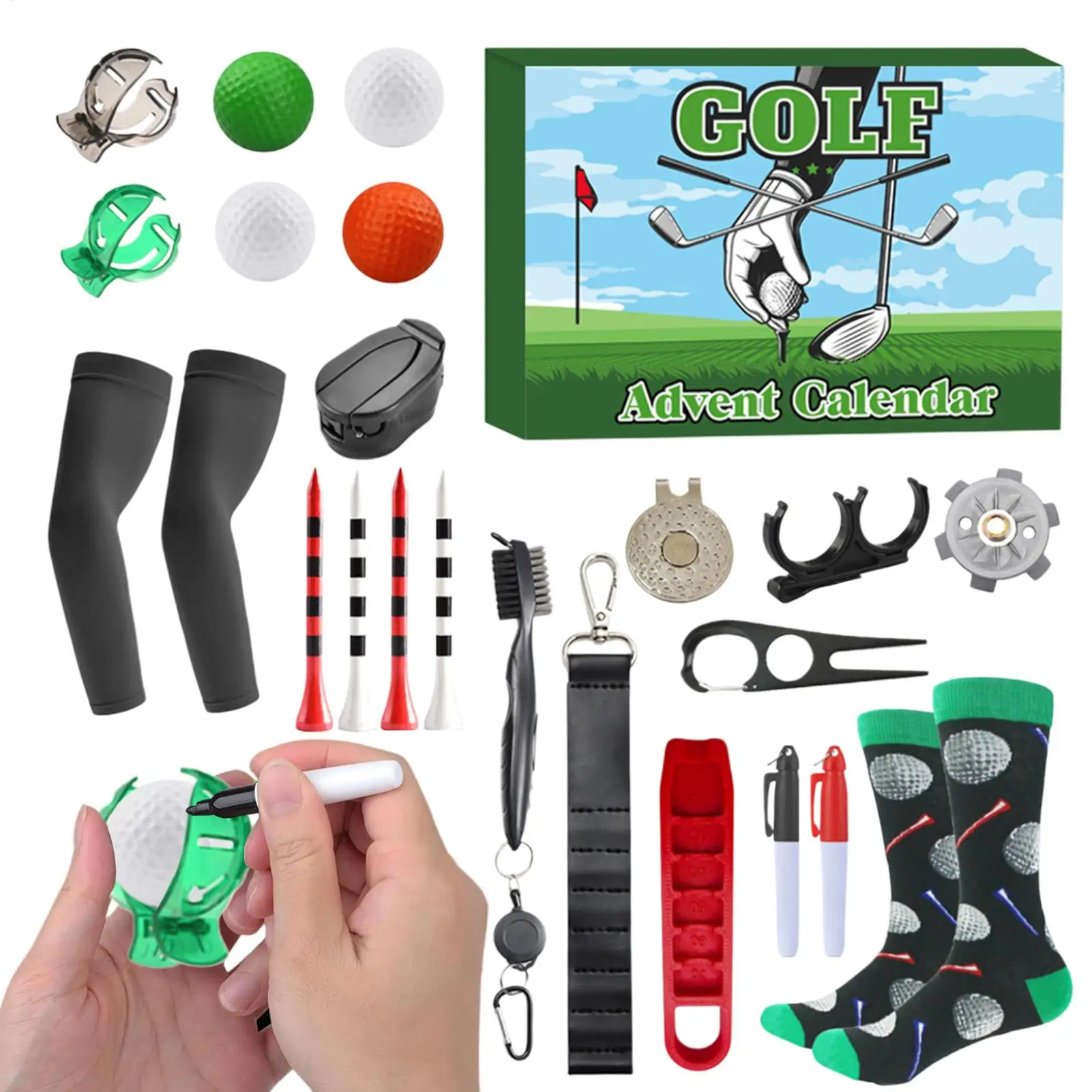 Calendario de Adviento de Golf, marcadores de 24 días, camisetas, bolas, caja de regalo de cuenta regresiva de Navidad de 24 días, sorpresa de vacaciones creativa para hombre