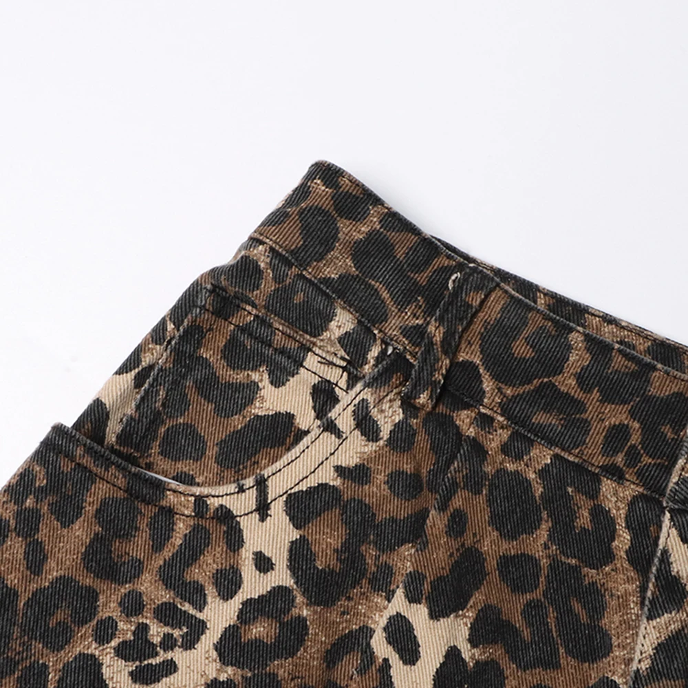 VGH Streetwear Leopard Impressão Calças Jeans Para As Mulheres De Cintura Alta Emendado Bolsos Oco Out Chic Calças Perna Larga Estilo Feminino