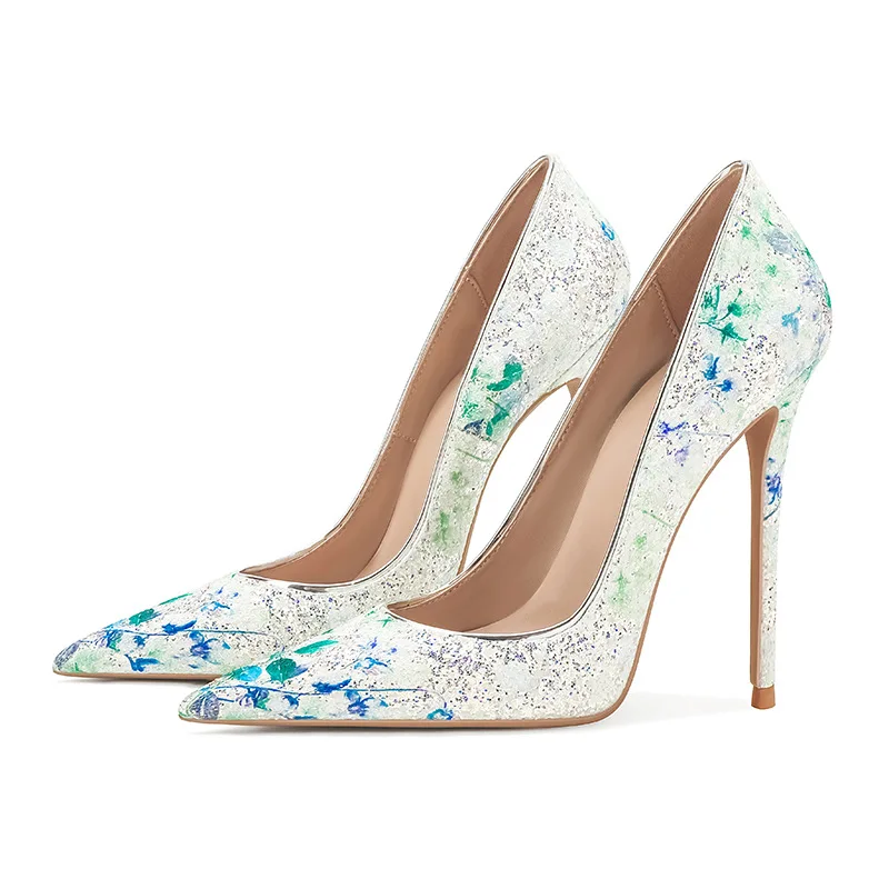 

Green Blue Floral with Sequins Pumps Stilettos High Heel Pointed Toe Shallow Slip On White Bling Flower Wedding Shoes